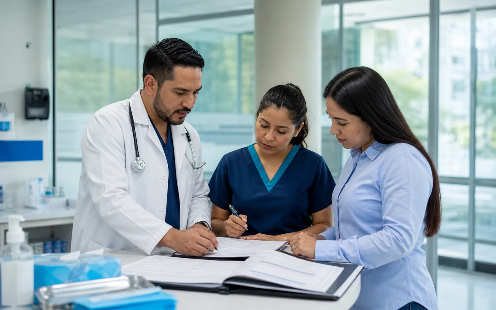 Equipo clínico y administrativo revisando documentación de atención
