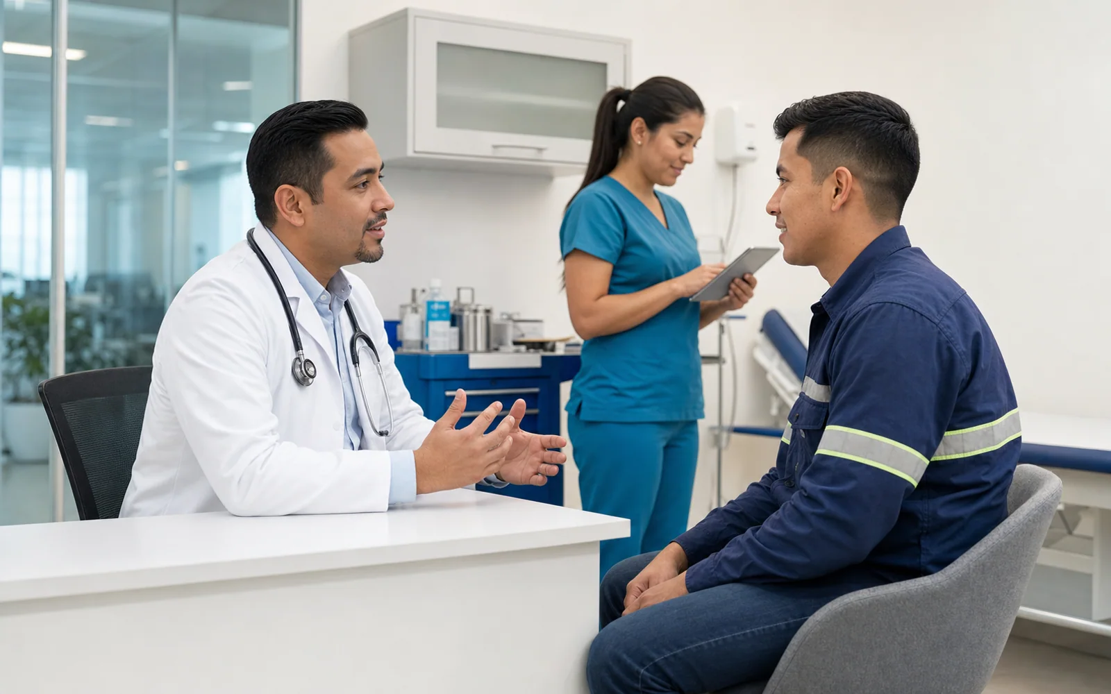 Médico y profesional de enfermería atendiendo a un trabajador en una clínica médica empresarial