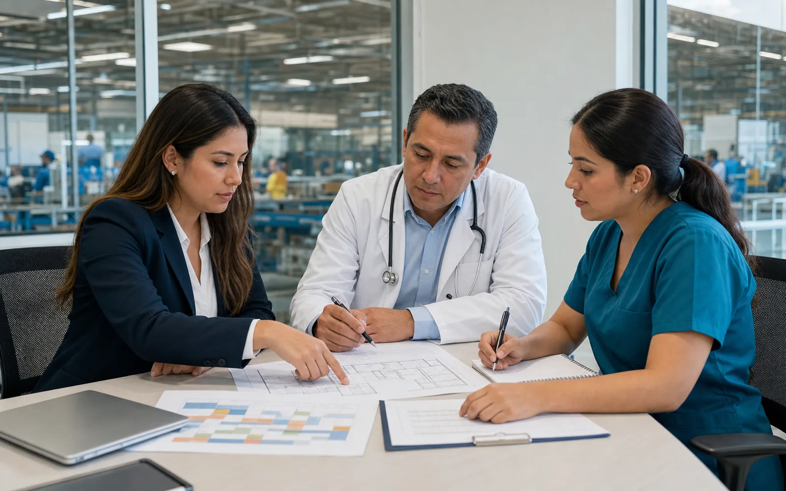 Equipo empresarial y de salud revisando protocolos e indicadores de la clínica