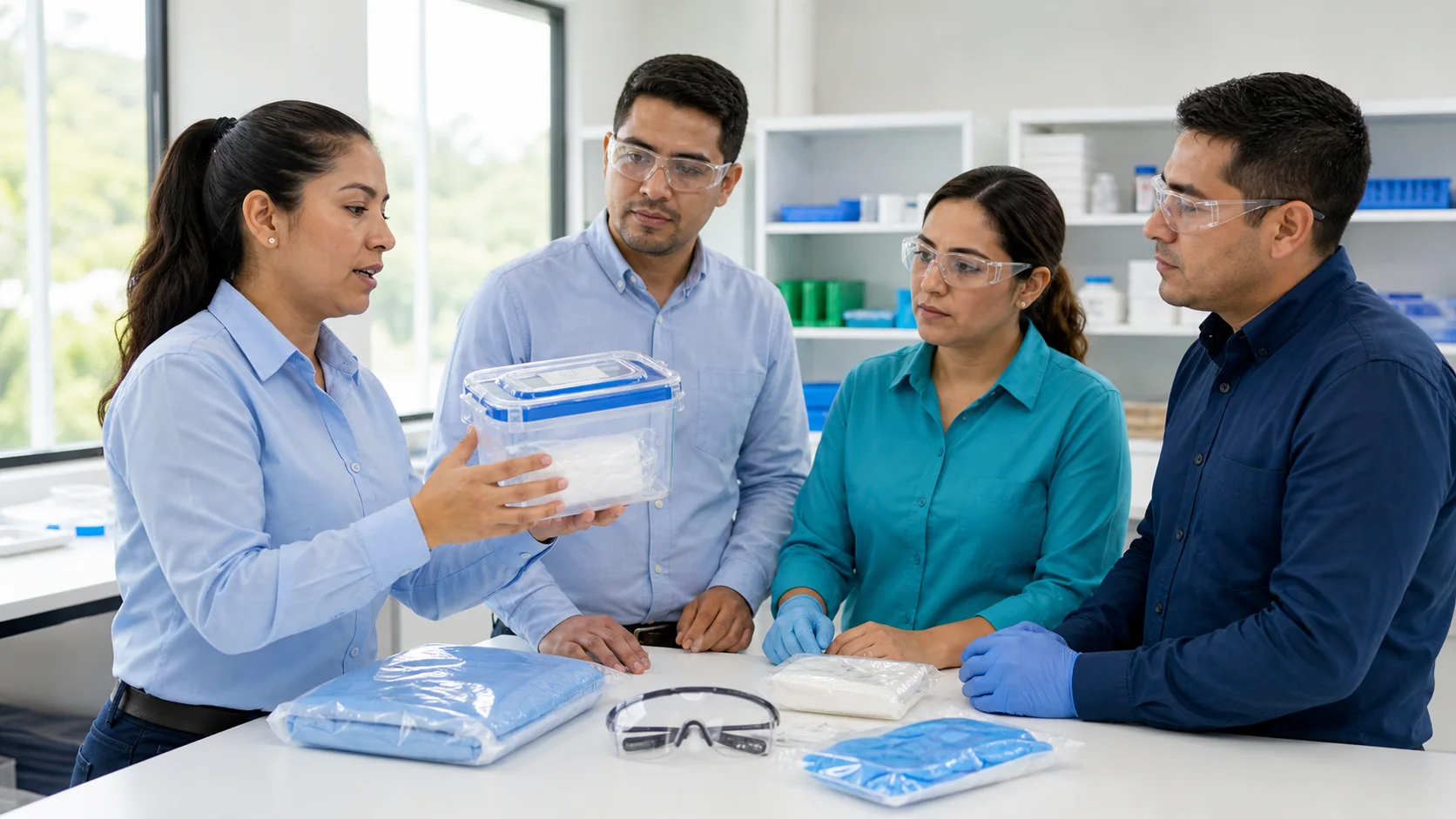 Facilitadora revisando prácticas de bioseguridad con trabajadores latinoamericanos en un ambiente empresarial controlado.