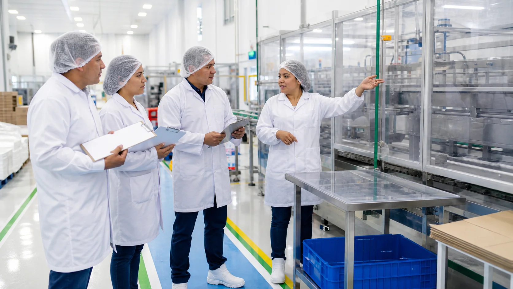 Facilitadora capacitando a trabajadores latinoamericanos en un área de manufactura limpia y controlada.