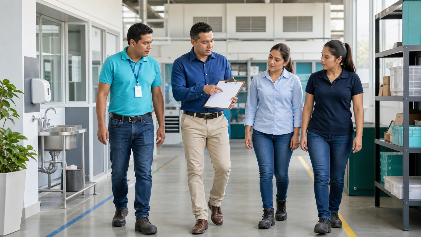 Trabajadores latinoamericanos realizando un recorrido educativo por un área empresarial limpia y ordenada.