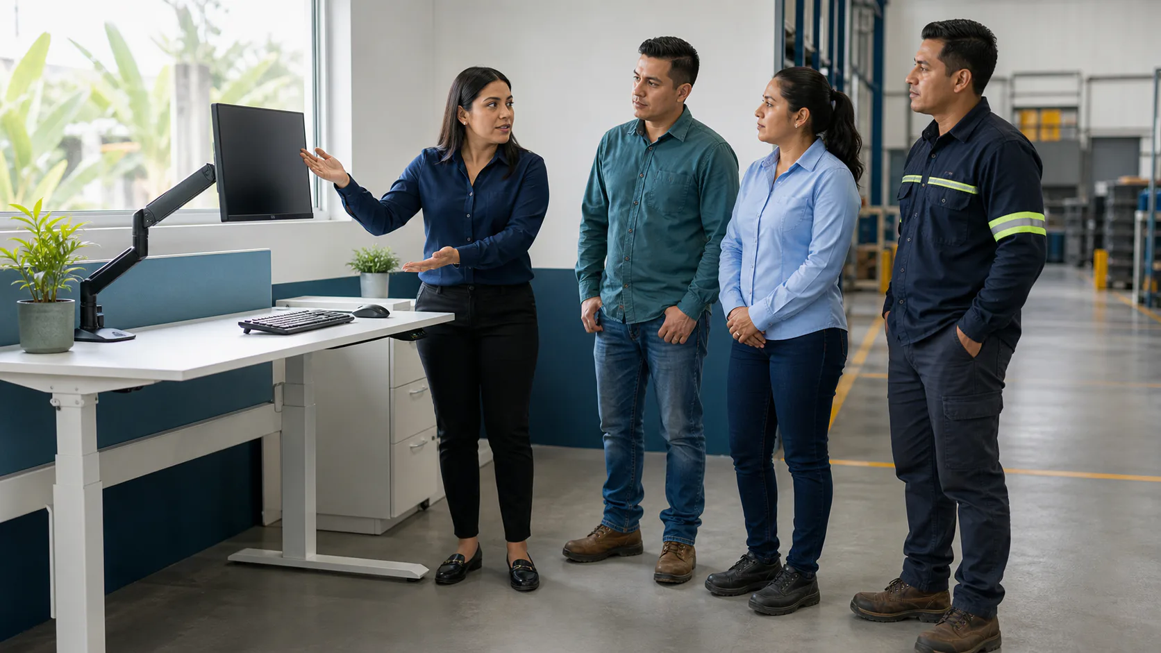 Facilitadora revisando un puesto de trabajo junto a trabajadores latinoamericanos en una empresa.
