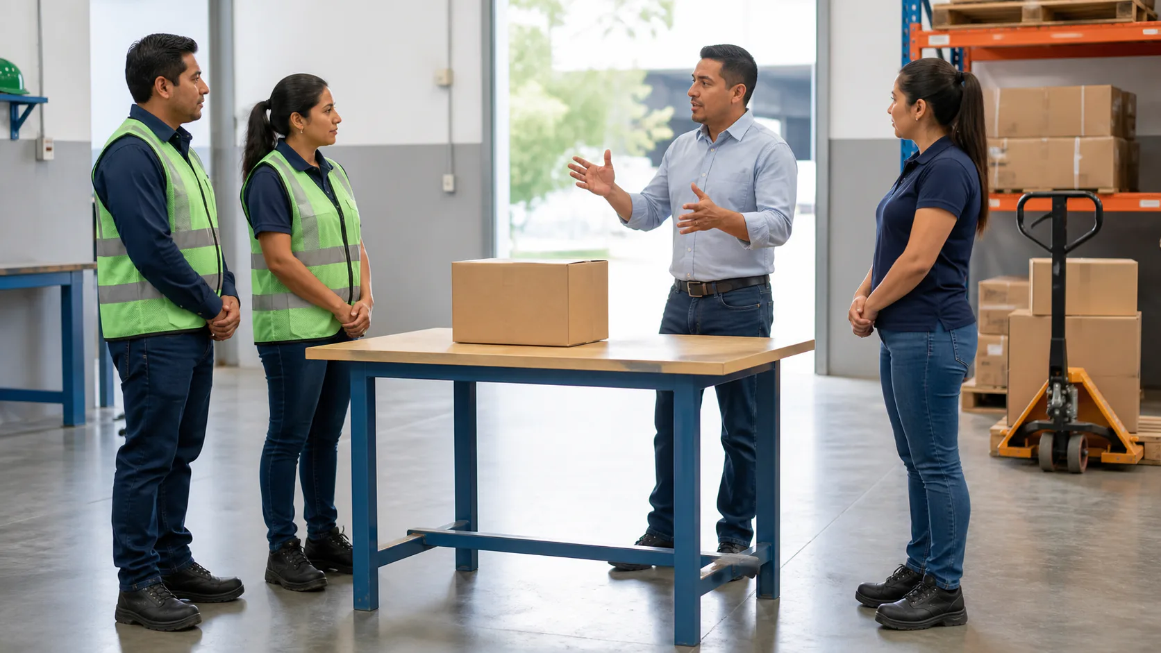 Facilitador explicando criterios preventivos con una caja liviana a trabajadores latinoamericanos.