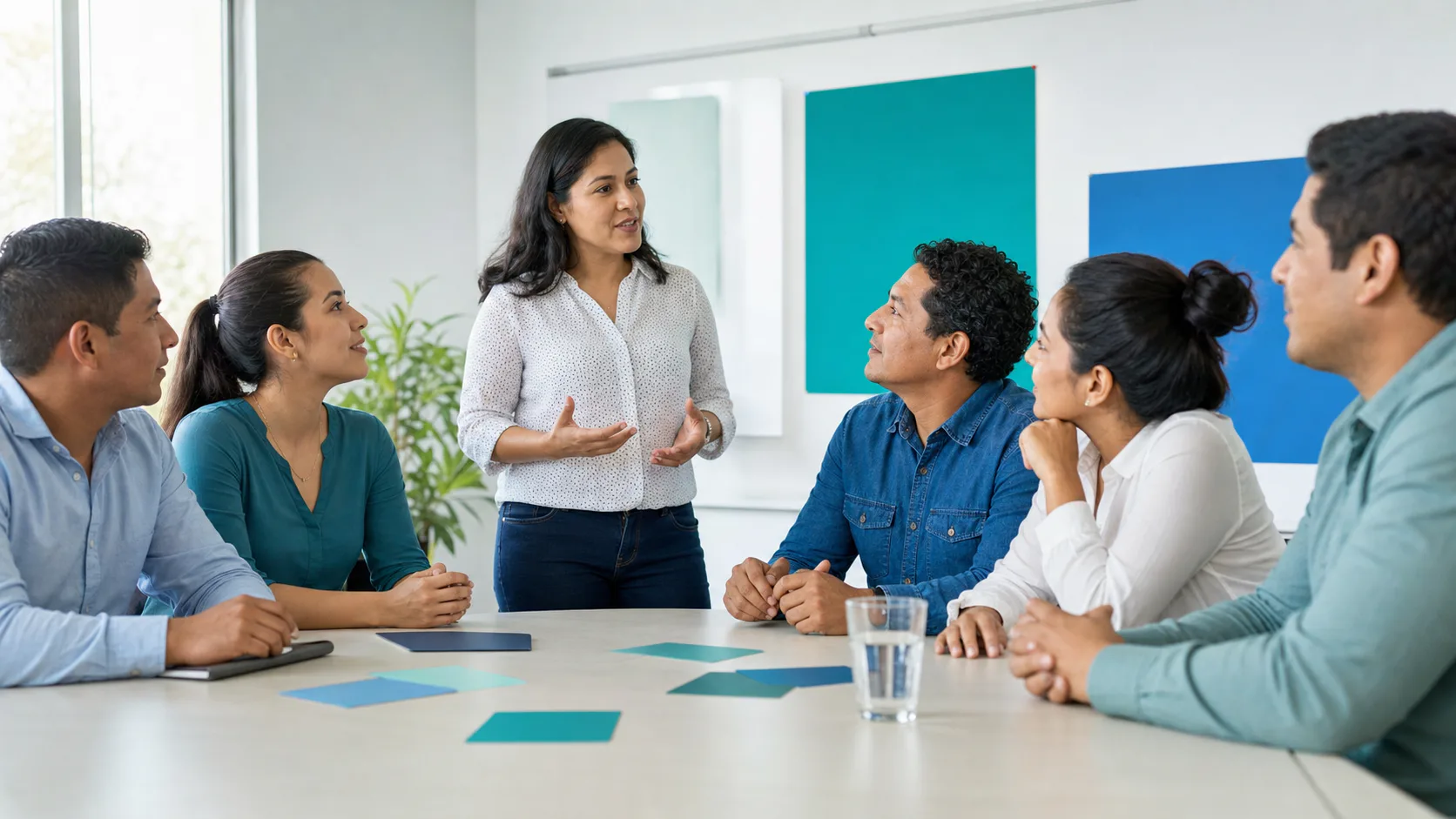 Facilitadora realizando una actividad educativa de prevención con trabajadores en una empresa.