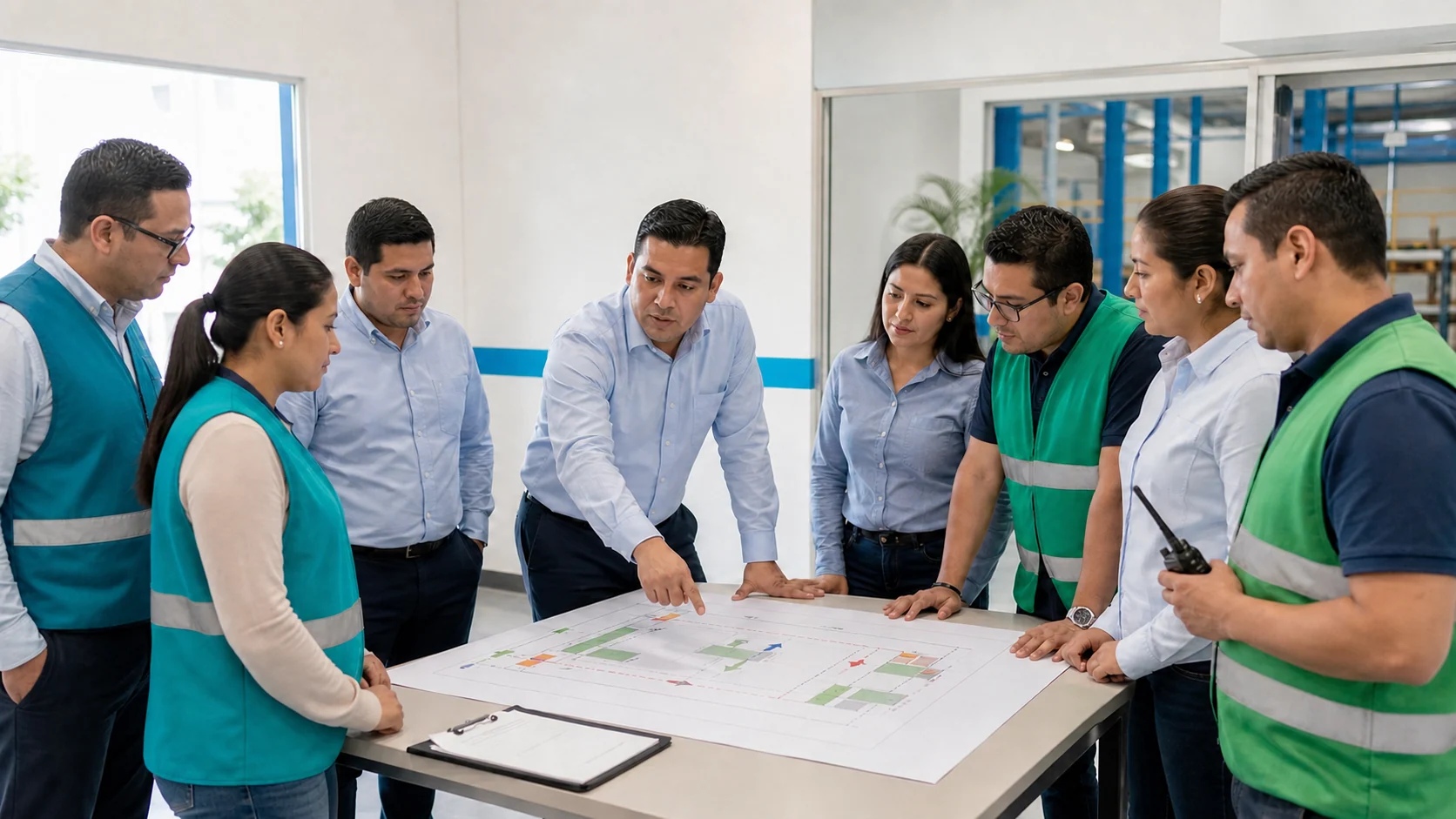 Instructor coordina con trabajadores una capacitación empresarial para formación de brigadas de emergencia.