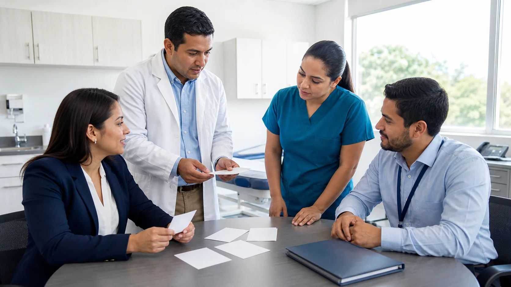 Equipo latinoamericano de una clínica empresarial participando en una sesión formativa en un consultorio corporativo limpio.