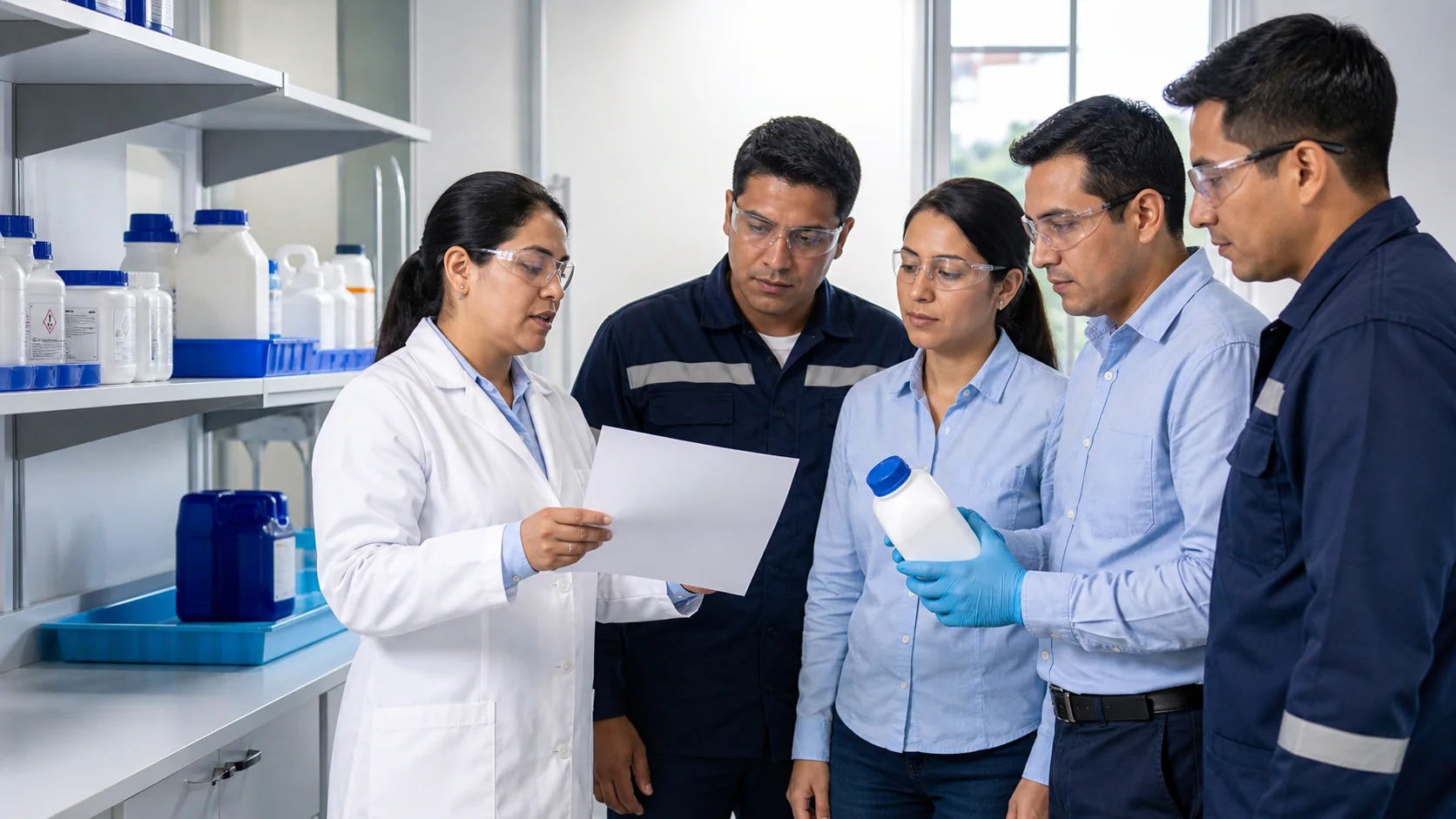 Trabajadores revisando información de seguridad de productos químicos cerrados y almacenados correctamente.