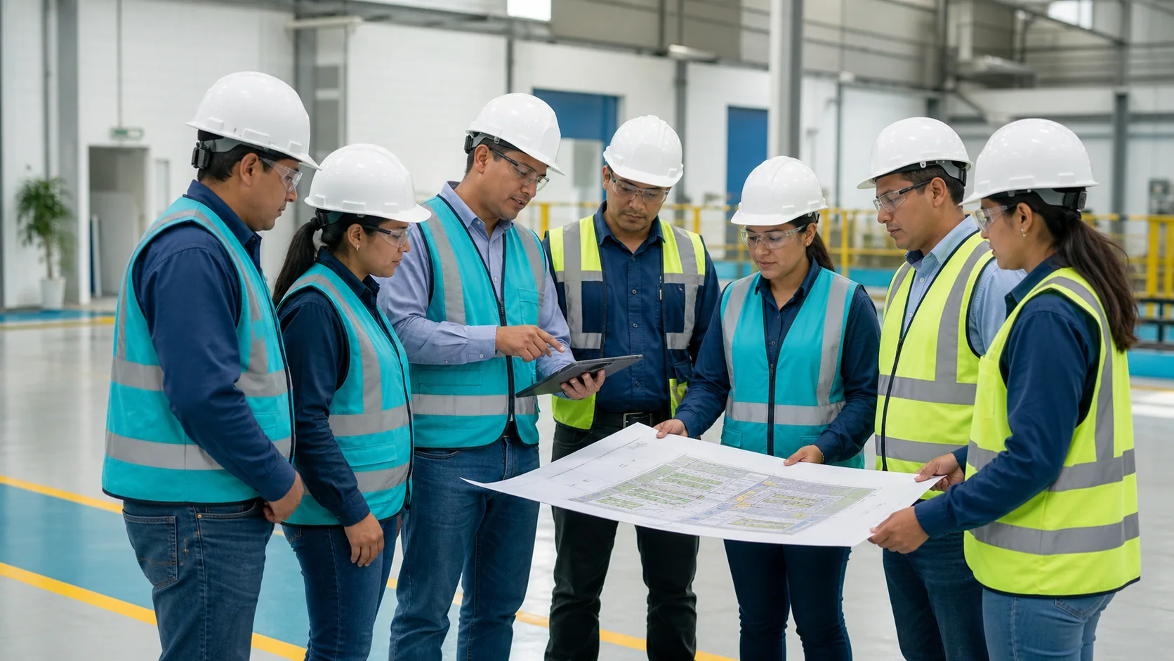 Facilitador y trabajadores revisando riesgos específicos de una operación industrial durante una capacitación empresarial.