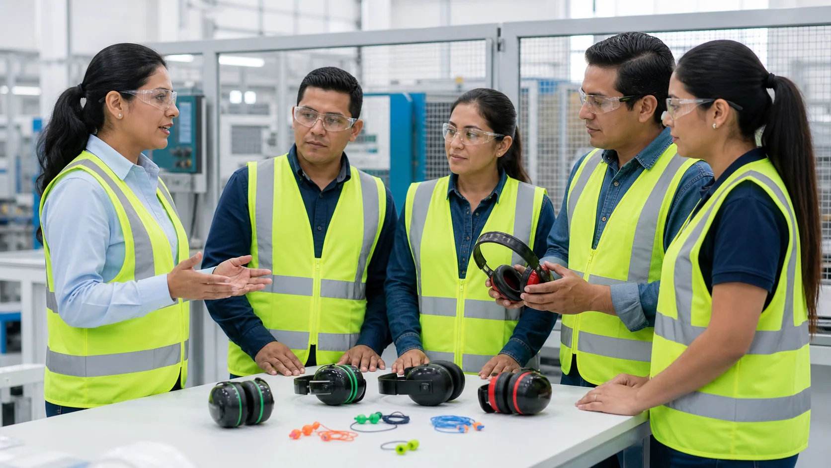 Trabajadores conversando sobre protección auditiva en una planta industrial controlada.