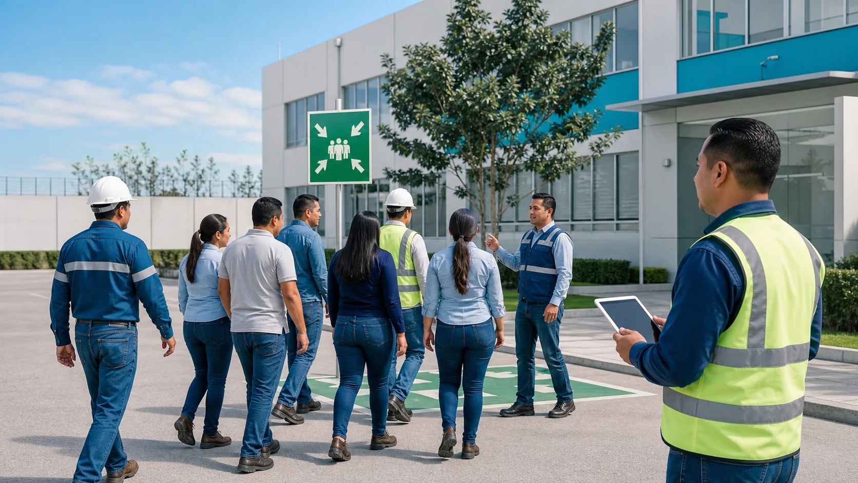 Trabajadores participan de forma ordenada en un simulacro empresarial controlado mientras un observador registra el ejercicio.