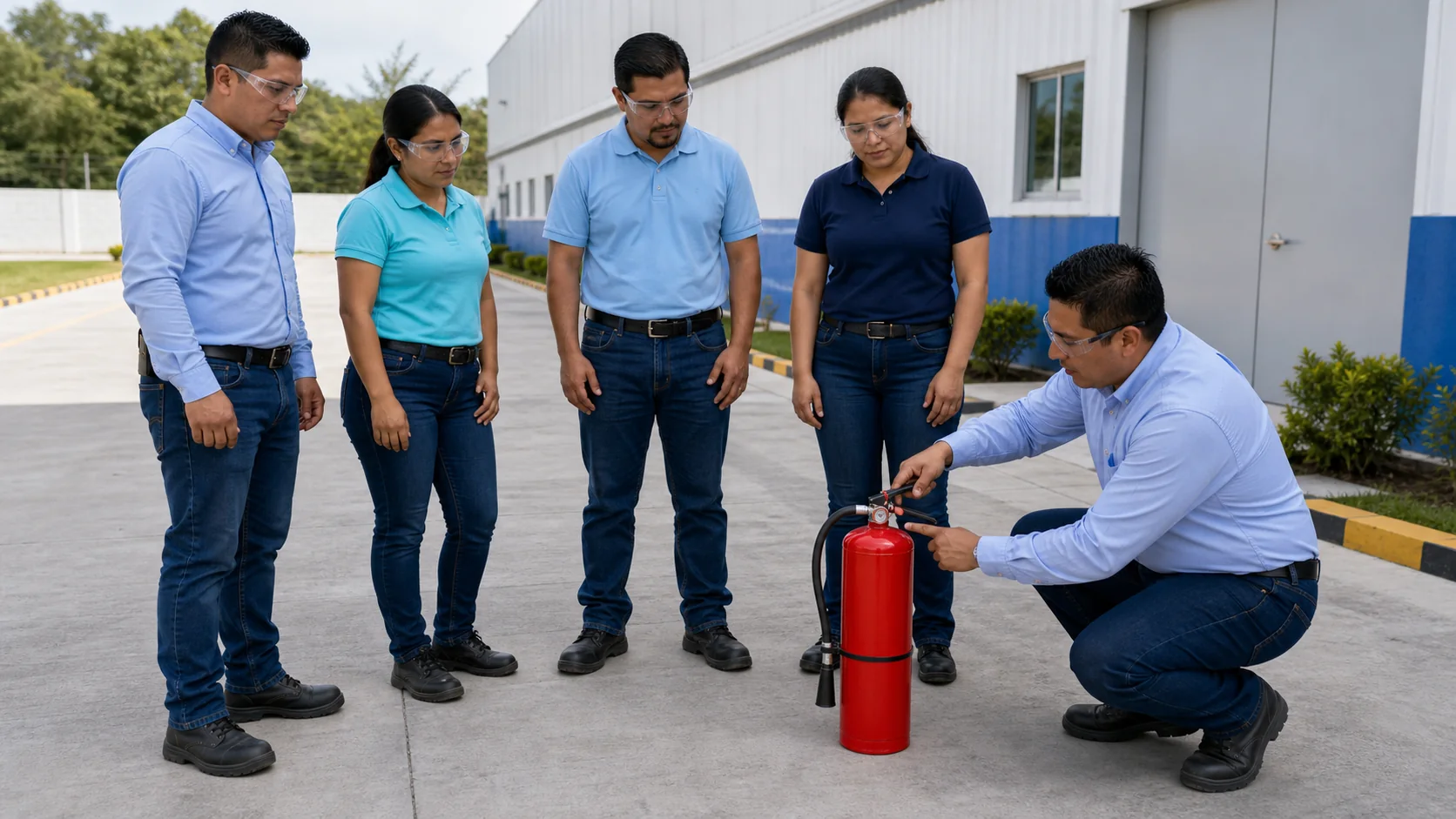 Instructor explica el uso seguro de un extintor durante una capacitación empresarial.