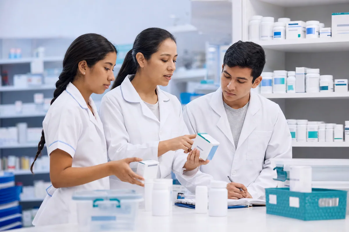 Instructor y participantes revisando la organización de productos en una práctica de farmacia
