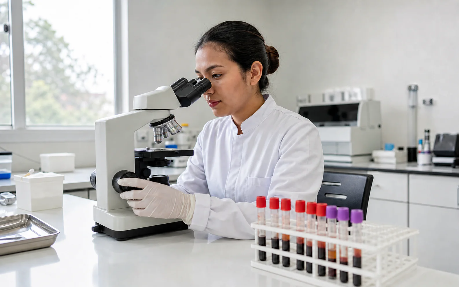 Estudiante de Técnico en Laboratorio Clínico realizando una práctica supervisada en un laboratorio.