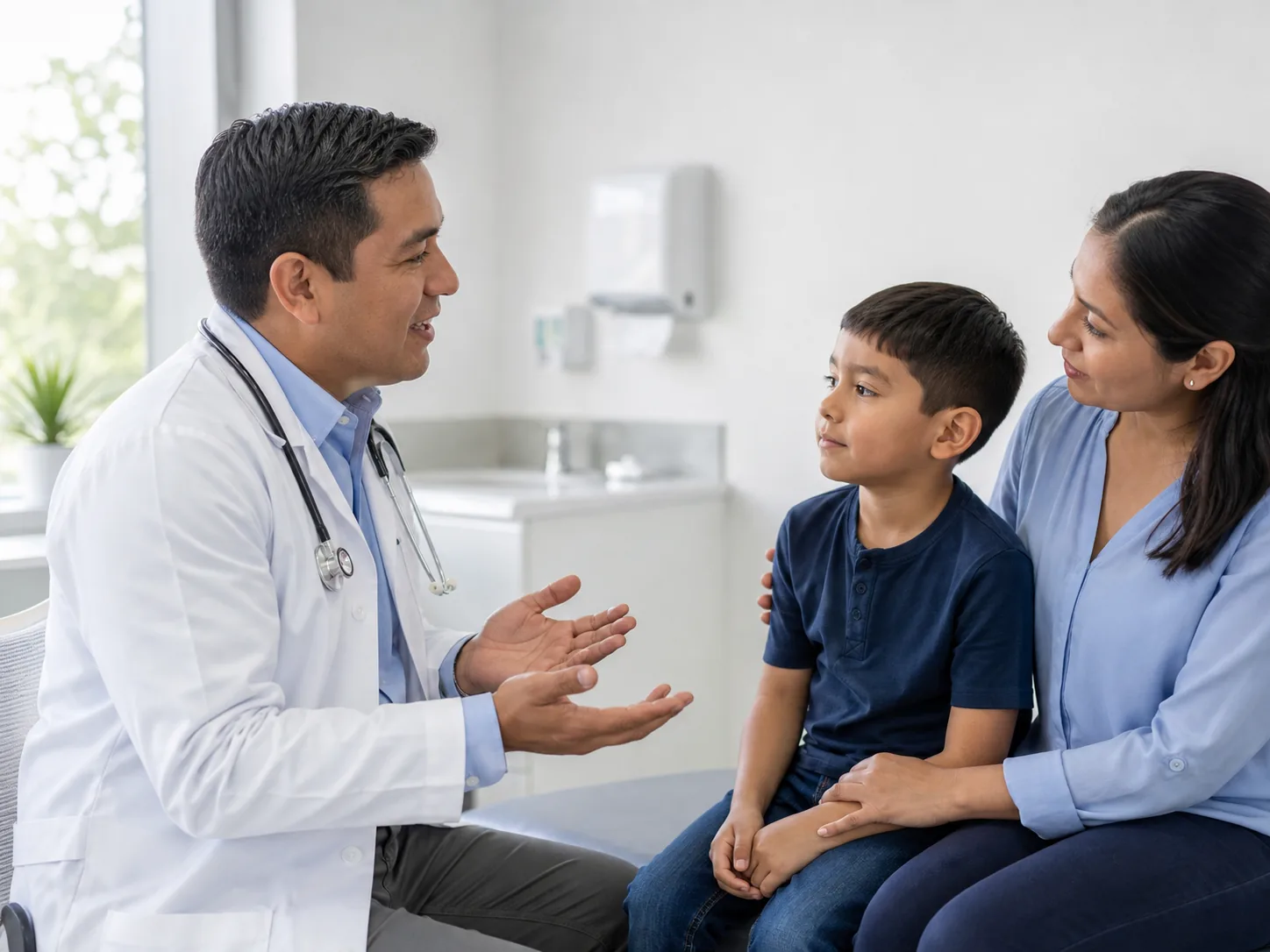 Pediatra conversando con una familia durante una consulta médica infantil