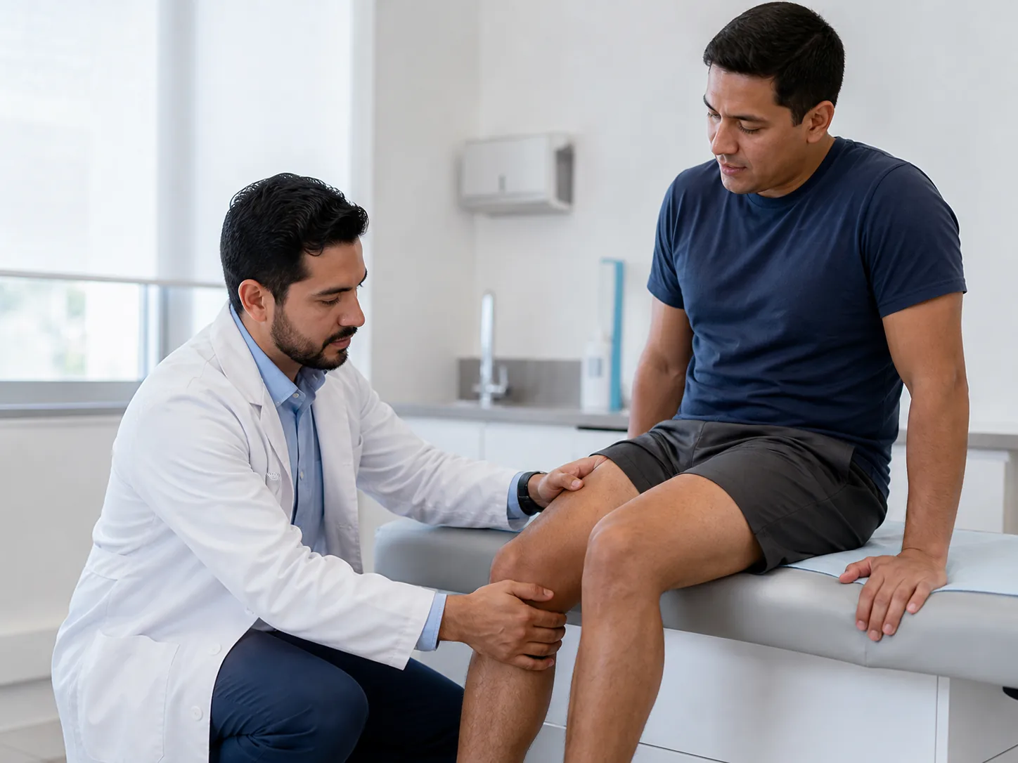 Especialista en traumatología evaluando una articulación durante una consulta