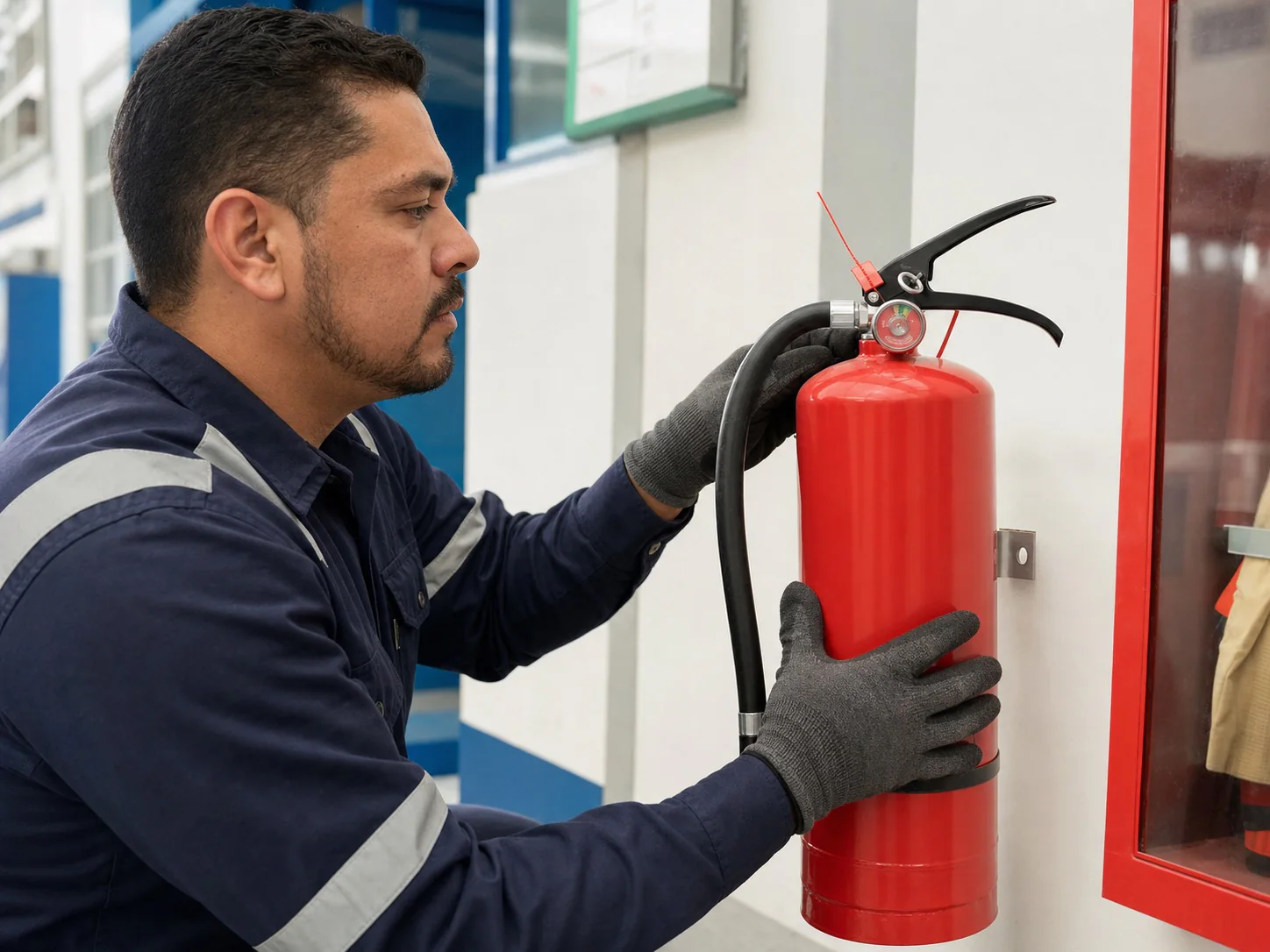 Técnico revisando un extintor ABC de polvo químico seco en un área de trabajo