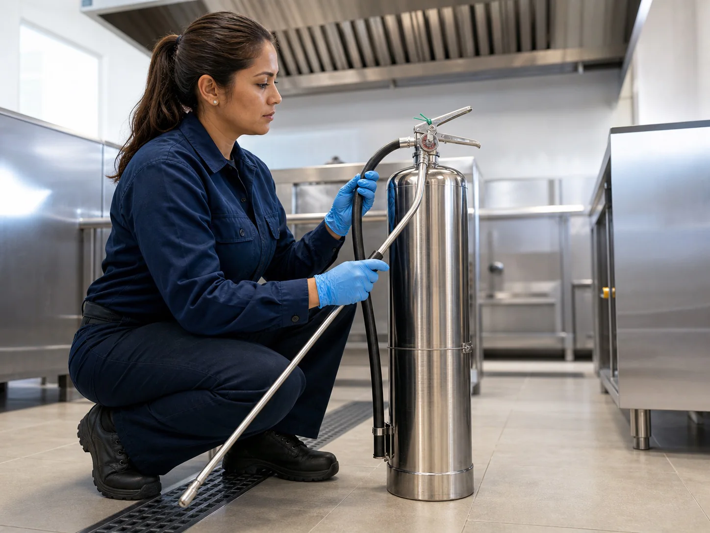Técnica revisando un extintor Clase K en una cocina comercial