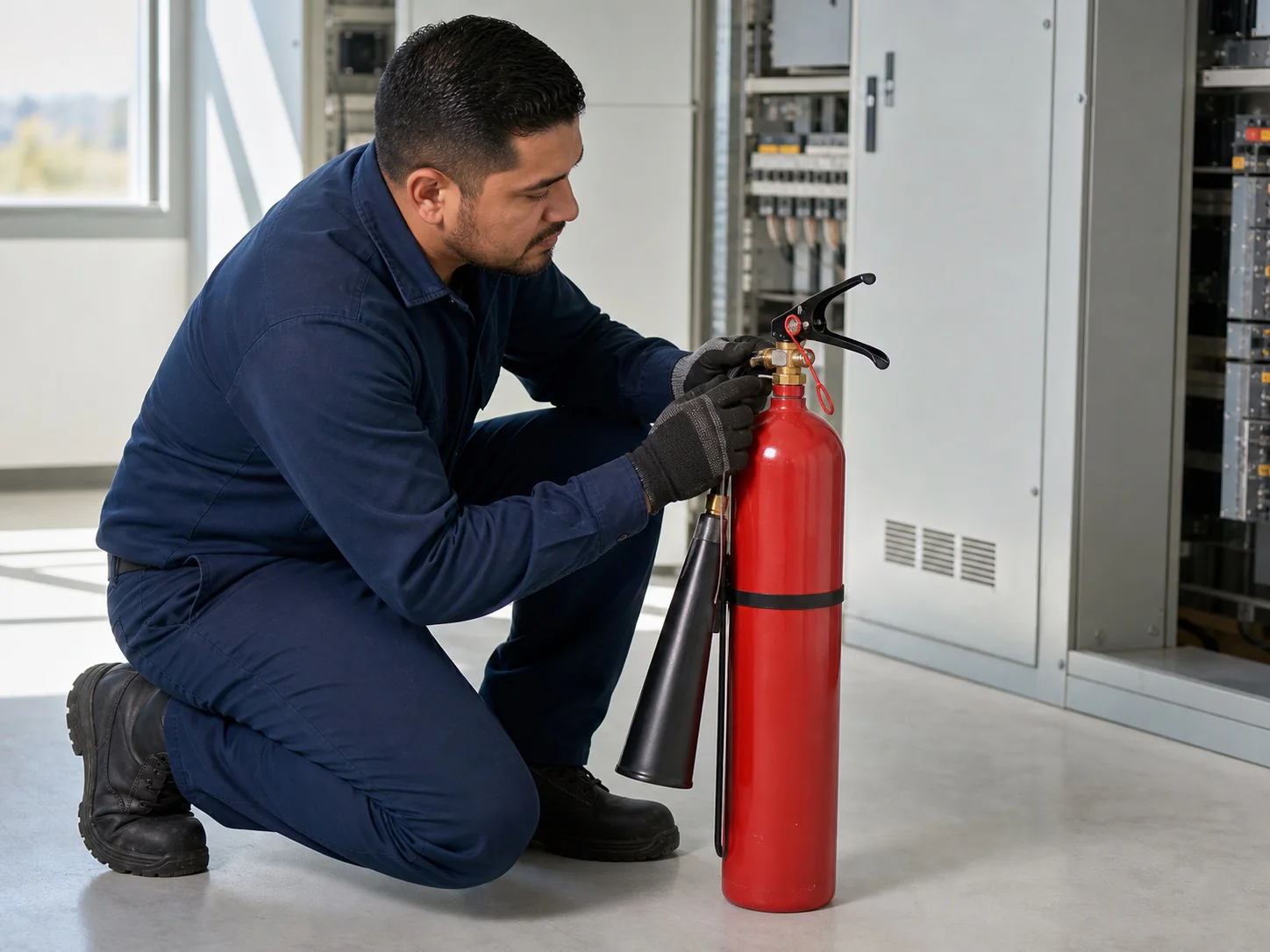 Técnico revisando un extintor de dióxido de carbono junto a equipos eléctricos