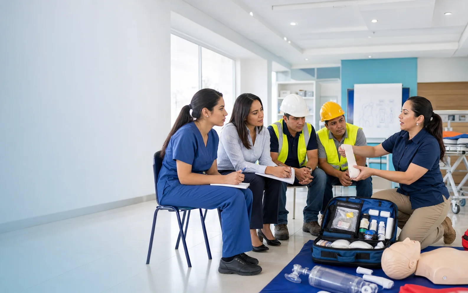 Equipo mixto participando en una capacitación práctica de salud y prevención laboral