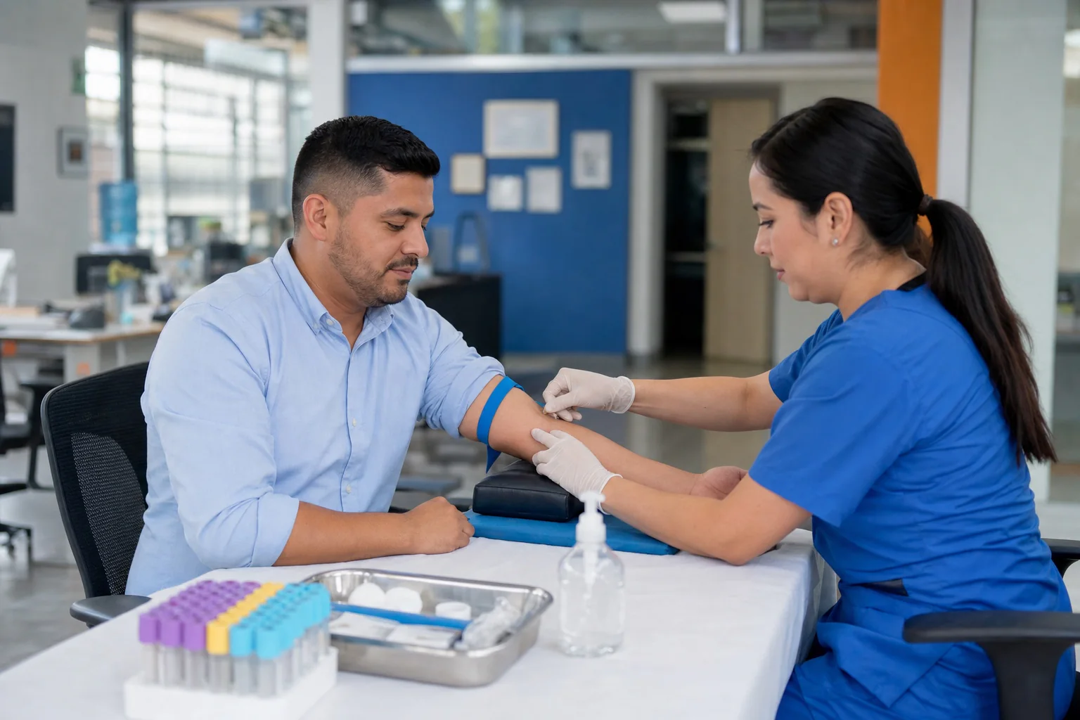 Técnico de laboratorio tomando una muestra a un trabajador durante una jornada en su lugar de trabajo