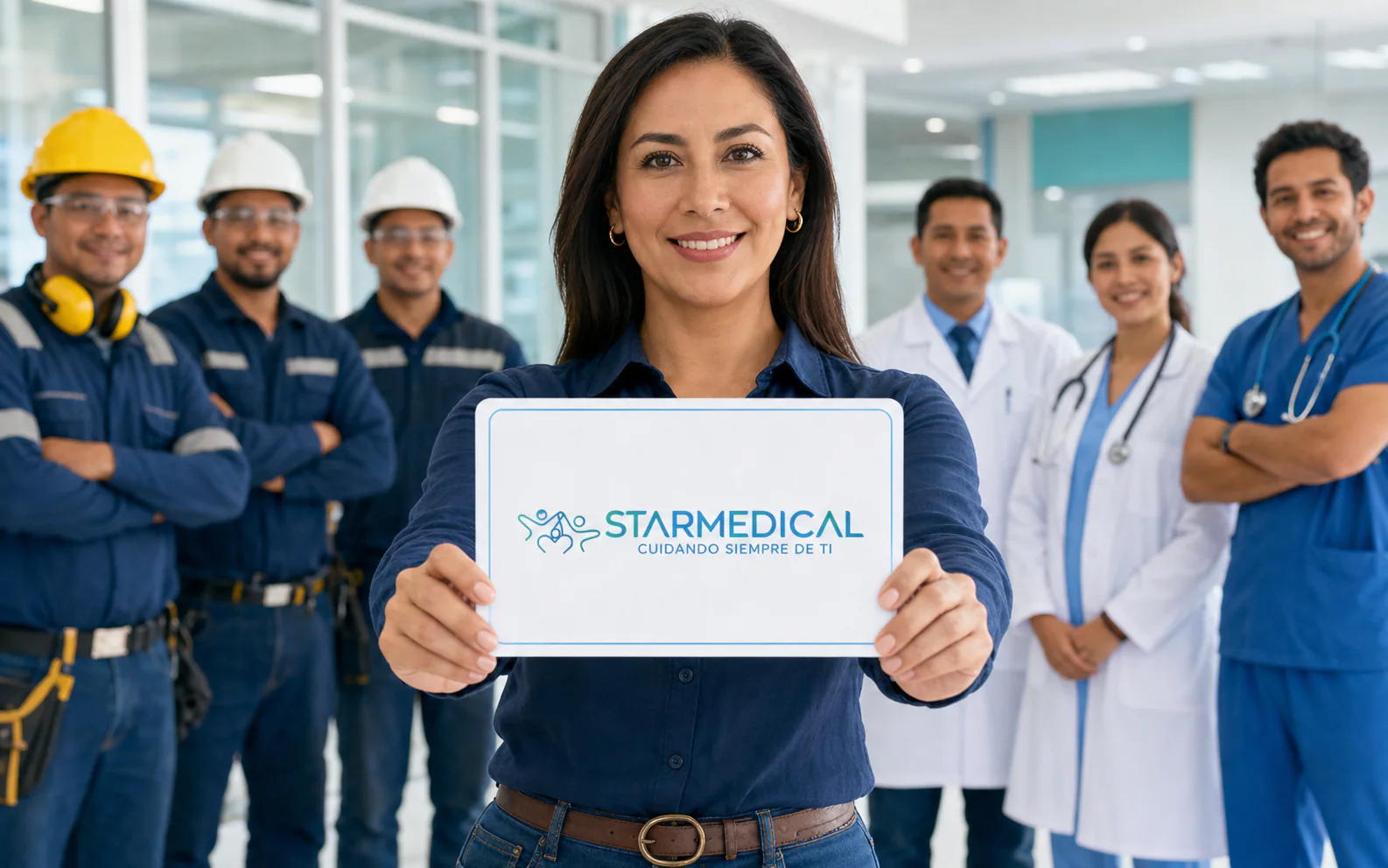 Mujer presentando una membresía STARMEDICAL junto a equipos industriales y médicos