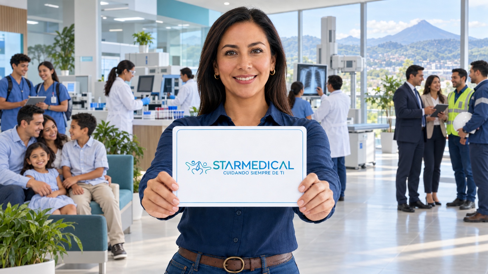 Mujer presentando una membresía STARMEDICAL frente a una familia, estudiantes, profesionales médicos, laboratorio, rayos X y un equipo empresarial en Guatemala