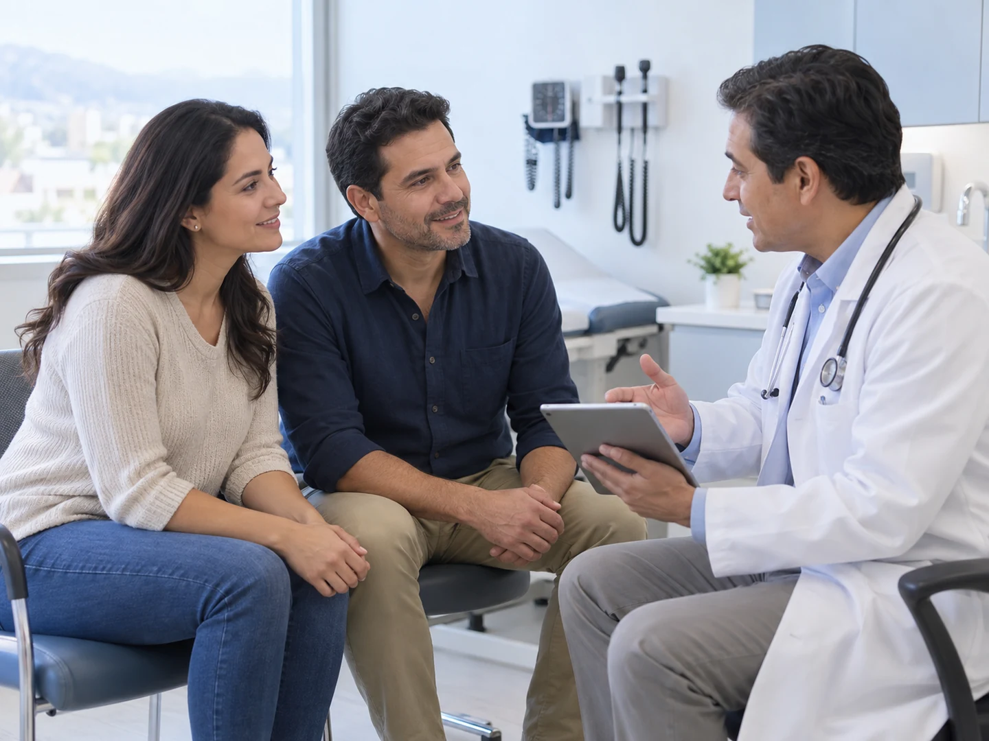 Dos personas recibiendo orientación médica juntas durante una consulta
