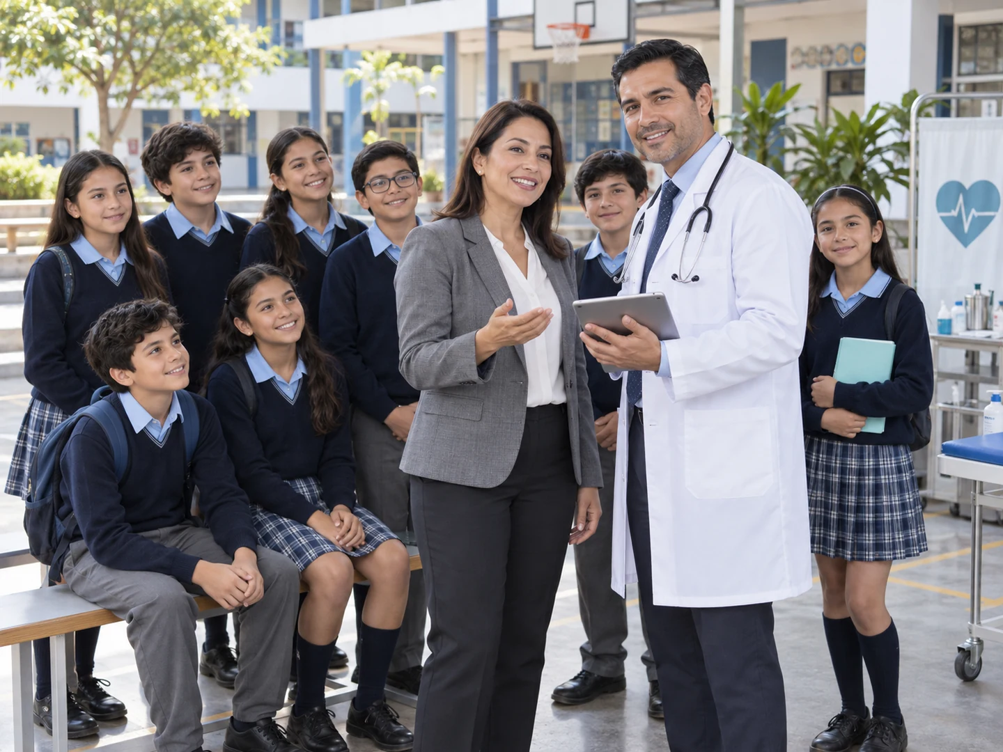 Ocho estudiantes acompañados por la directora y un médico en su colegio