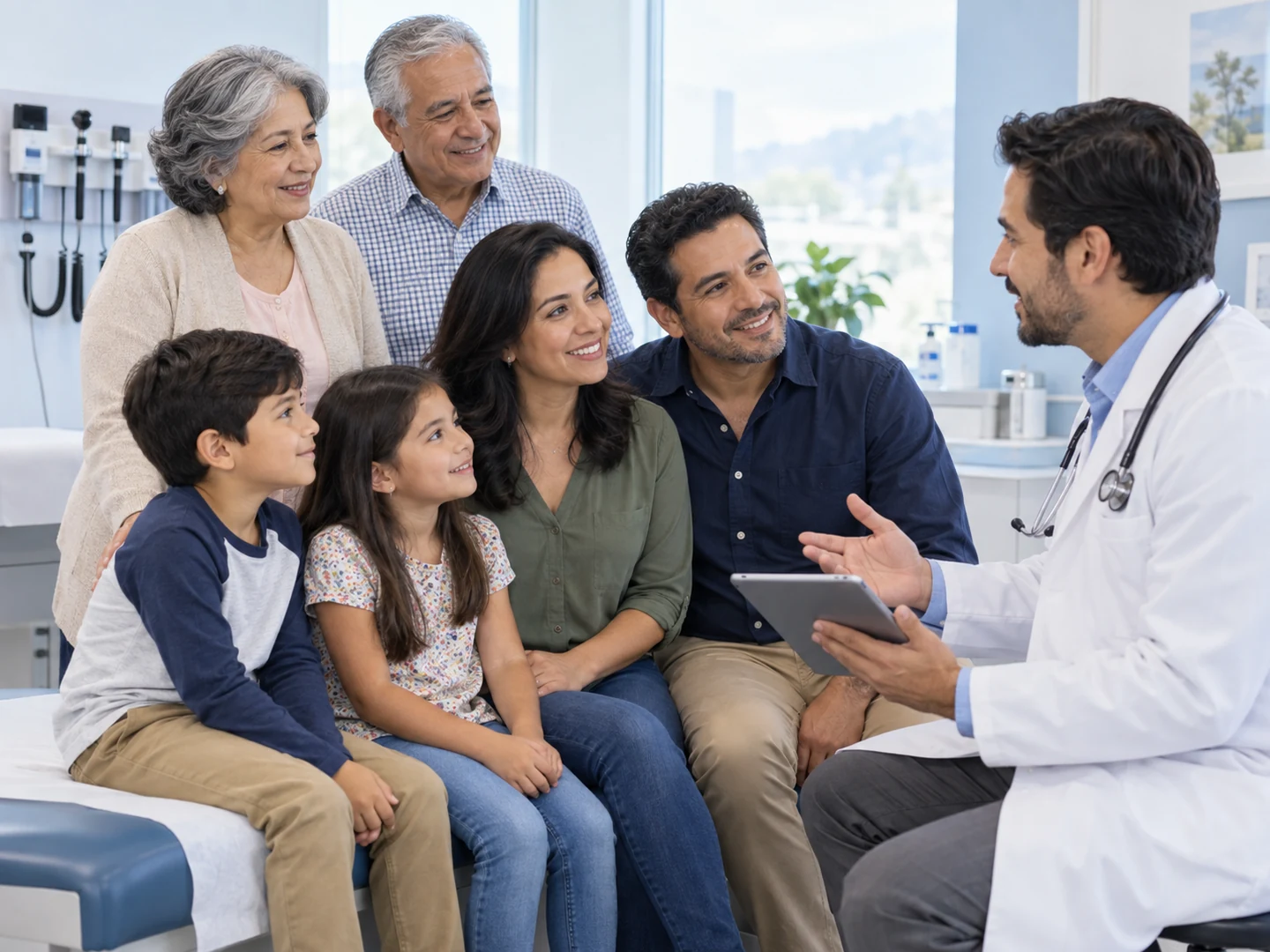 Familia de seis integrantes con abuelos, padres y niños durante una orientación médica