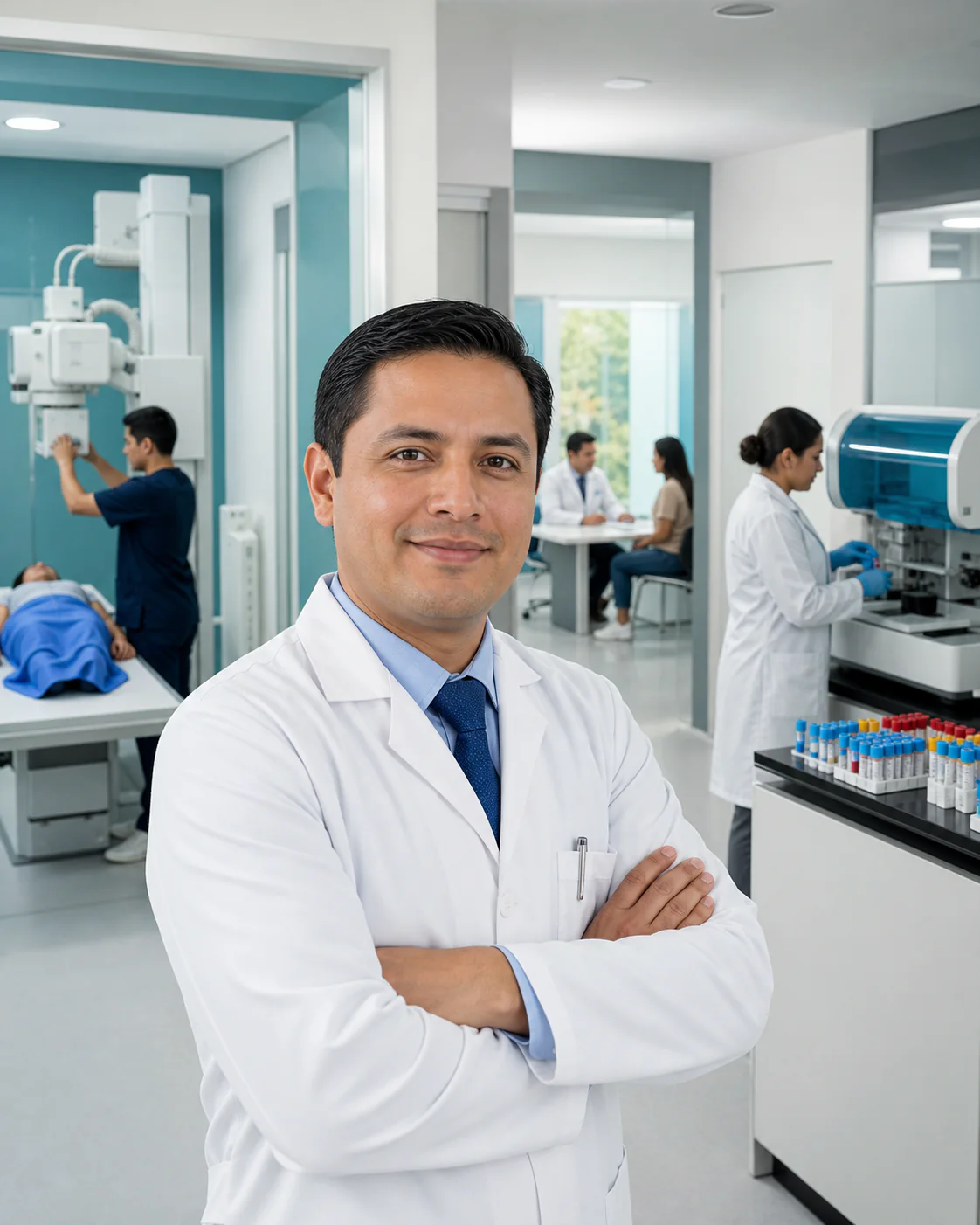 Médico frente a servicios de rayos X, laboratorio clínico y atención a pacientes