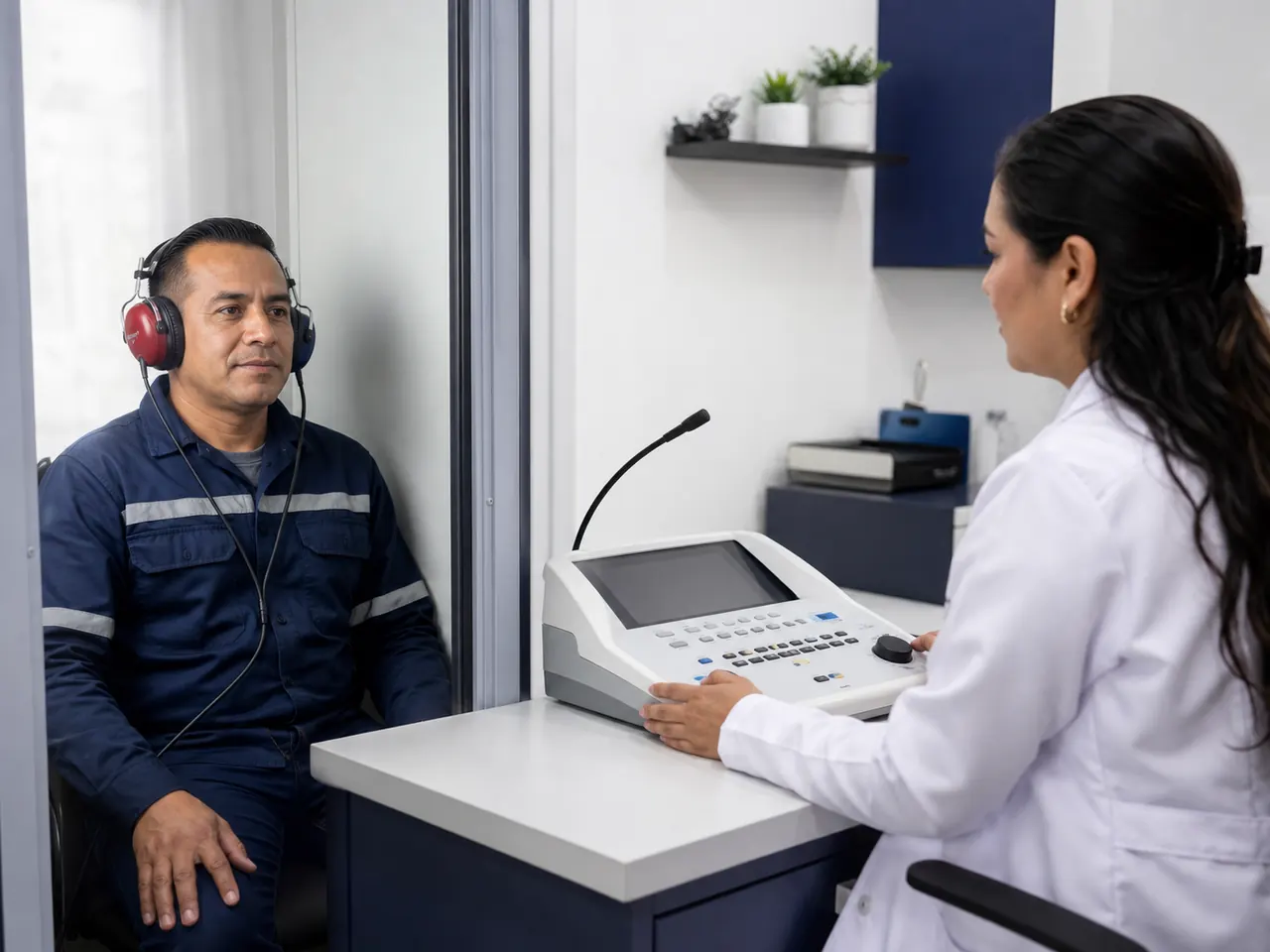 Profesional de salud realizando una audiometría ocupacional a un trabajador adulto