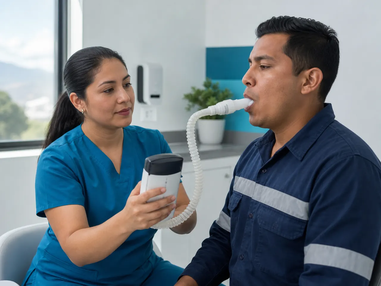 Profesional de salud guiando a un trabajador adulto durante una espirometría ocupacional