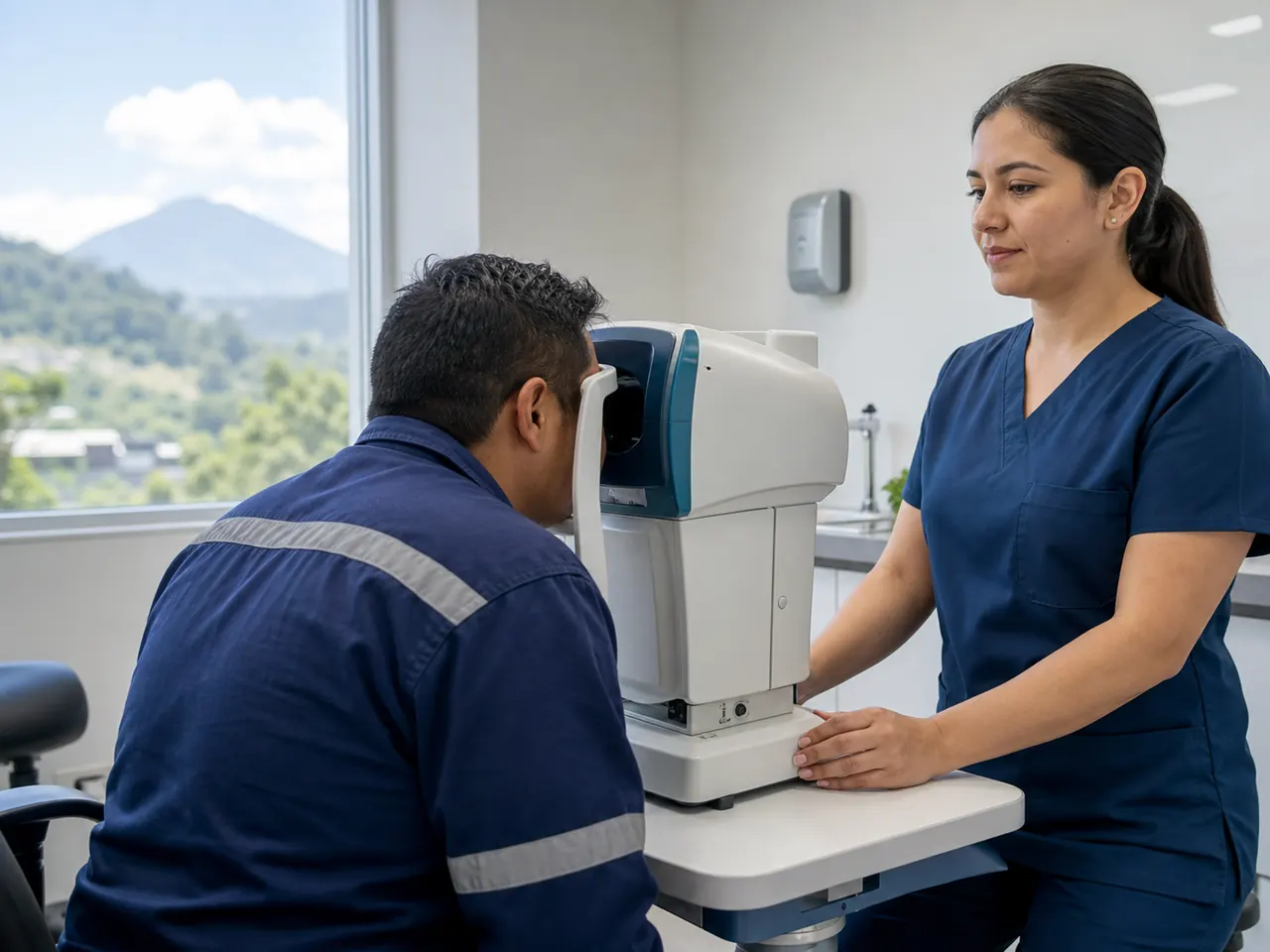 Trabajador adulto realizando una visiometría ocupacional guiada por una profesional de salud