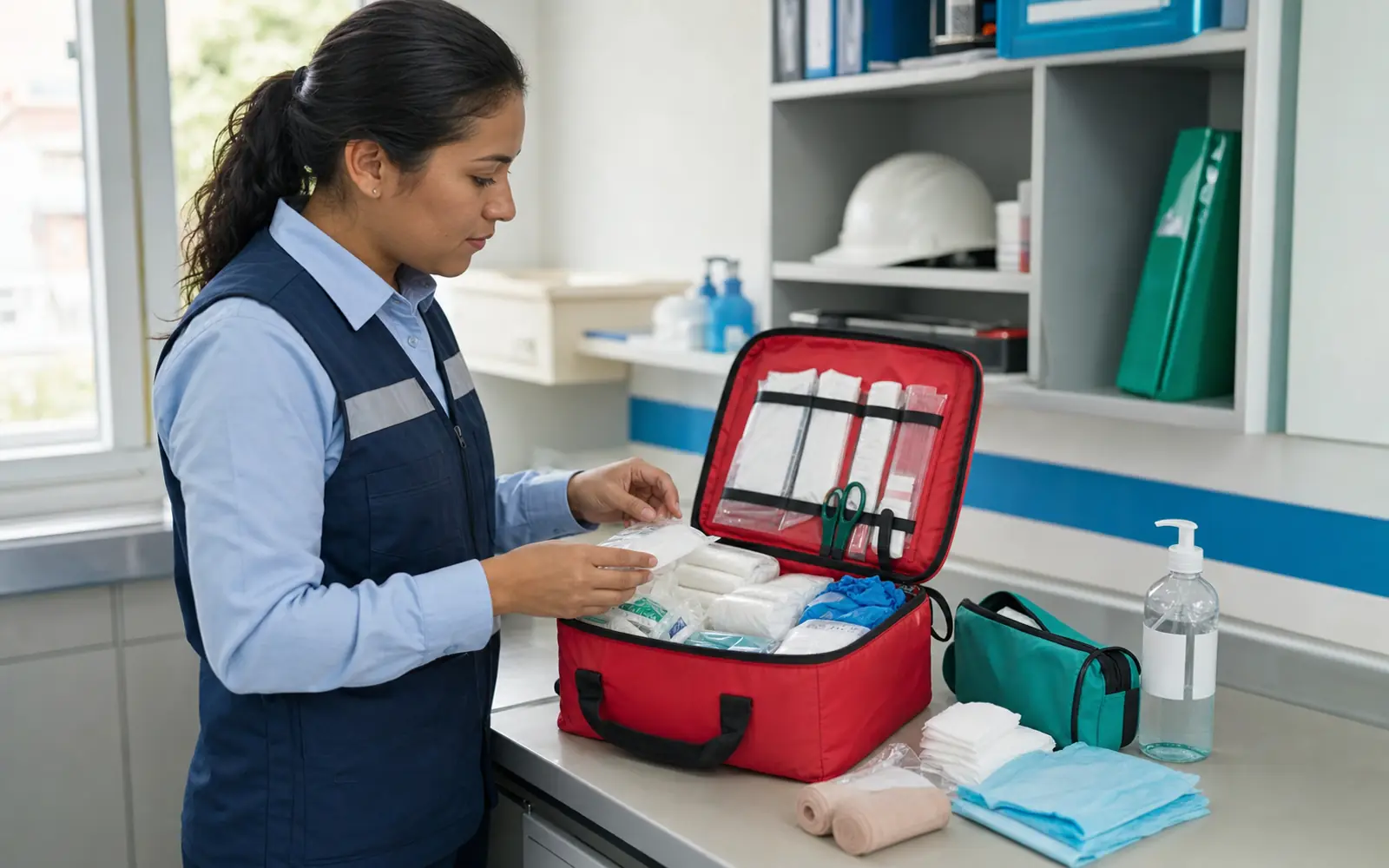 Personal revisando un botiquín y sus insumos de atención