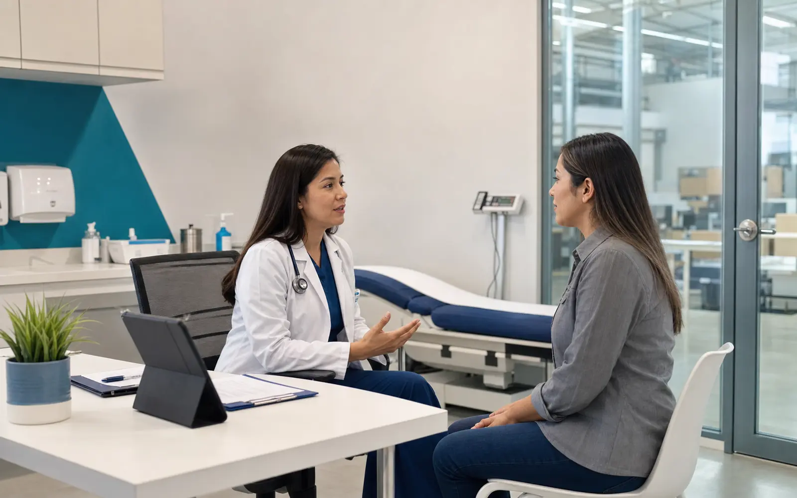 Profesional de salud atendiendo a una trabajadora en una clínica médica empresarial