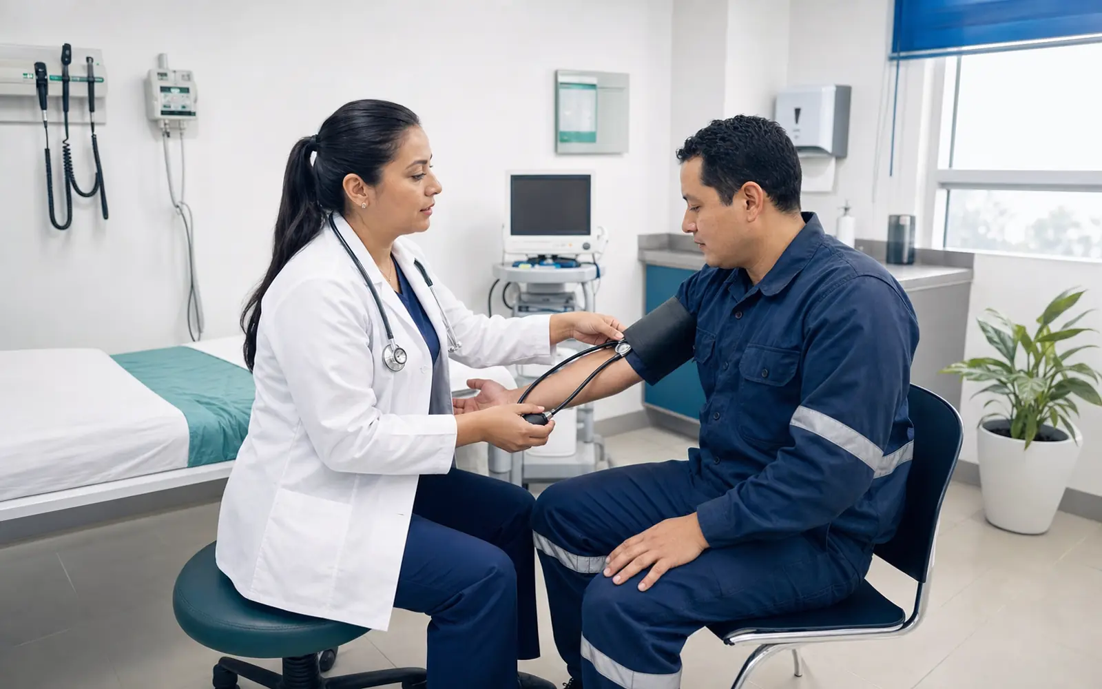 Profesional médica realizando una evaluación de salud ocupacional