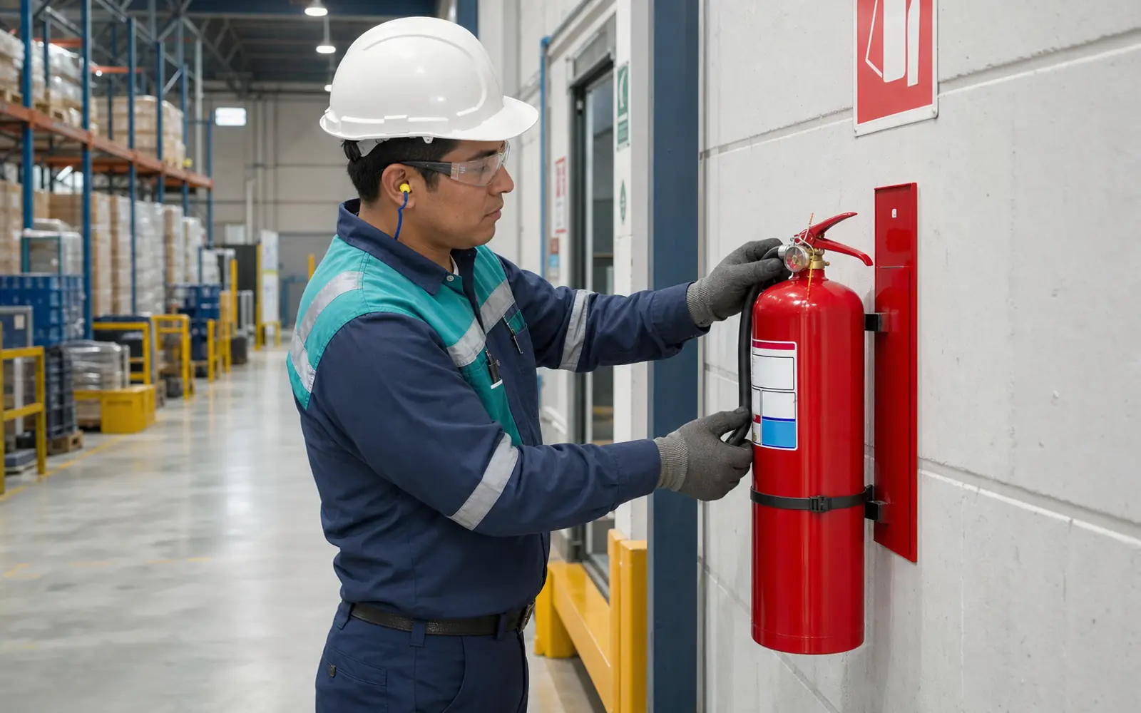 Técnico inspeccionando un extintor dentro de una instalación industrial