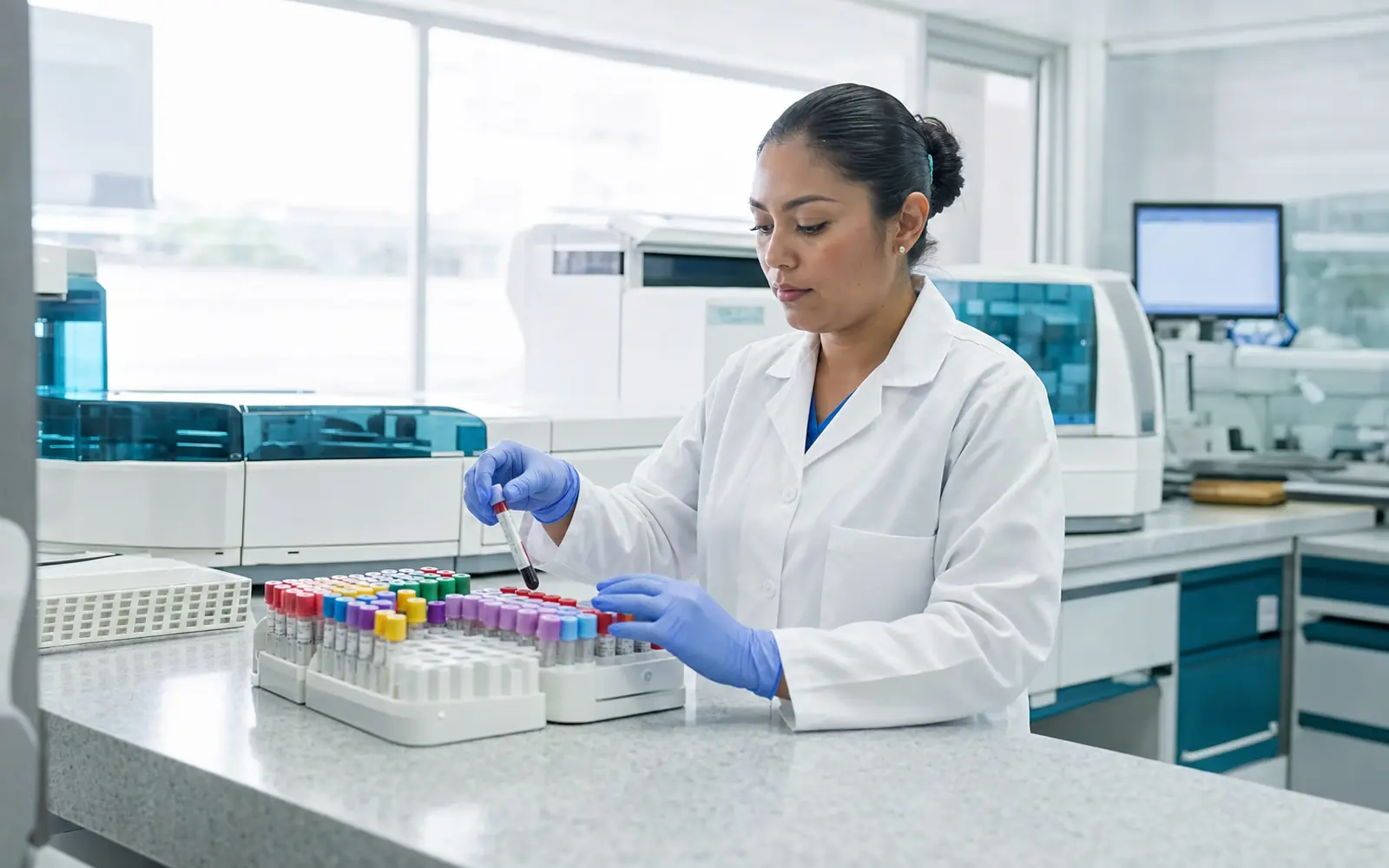 Profesional procesando muestras en un laboratorio clínico ocupacional