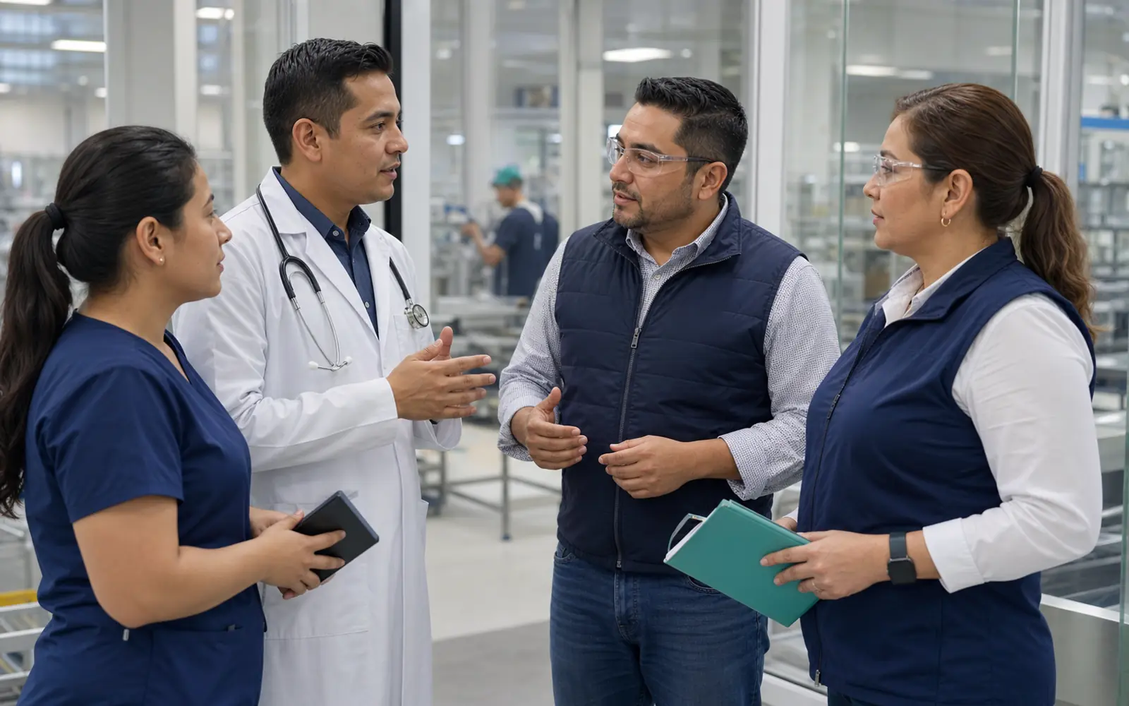 Personal médico y de enfermería coordinando atención dentro de una empresa