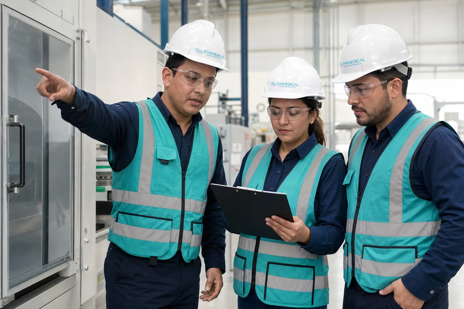 Tres profesionales de salud y seguridad ocupacional de STARMEDICAL con equipo de protección personal