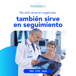 Banner for StarMedical with the slogan 'No solo sirve en urgencias: también sirve en seguimiento' as a doctor shows a chest X-ray to a patient in a hospital room; PBX 7729-3636.