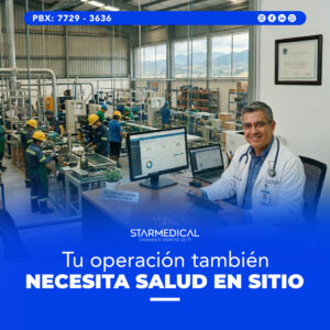 Medical doctor with stethoscope at a desk in a factory lab, workers on assembly lines in the background, promoting on-site health.
